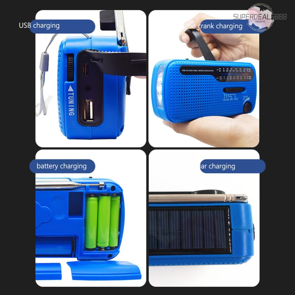 วิทยุมือหมุนพลังงานแสงอาทิตย์ วิทยุ AM/FM แบบพกพา พร้อมไฟฉาย LED สําหรับกลางแจ้ง [SuperDeals888.th]