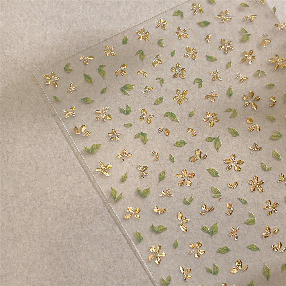 ทอง-ปั๊มสามมิติห้ากลีบดอกไม้เล็บสติ๊กเกอร์สีเขียวใบและดอกไม้ตกแต่งเล็บสติ๊กเกอร์