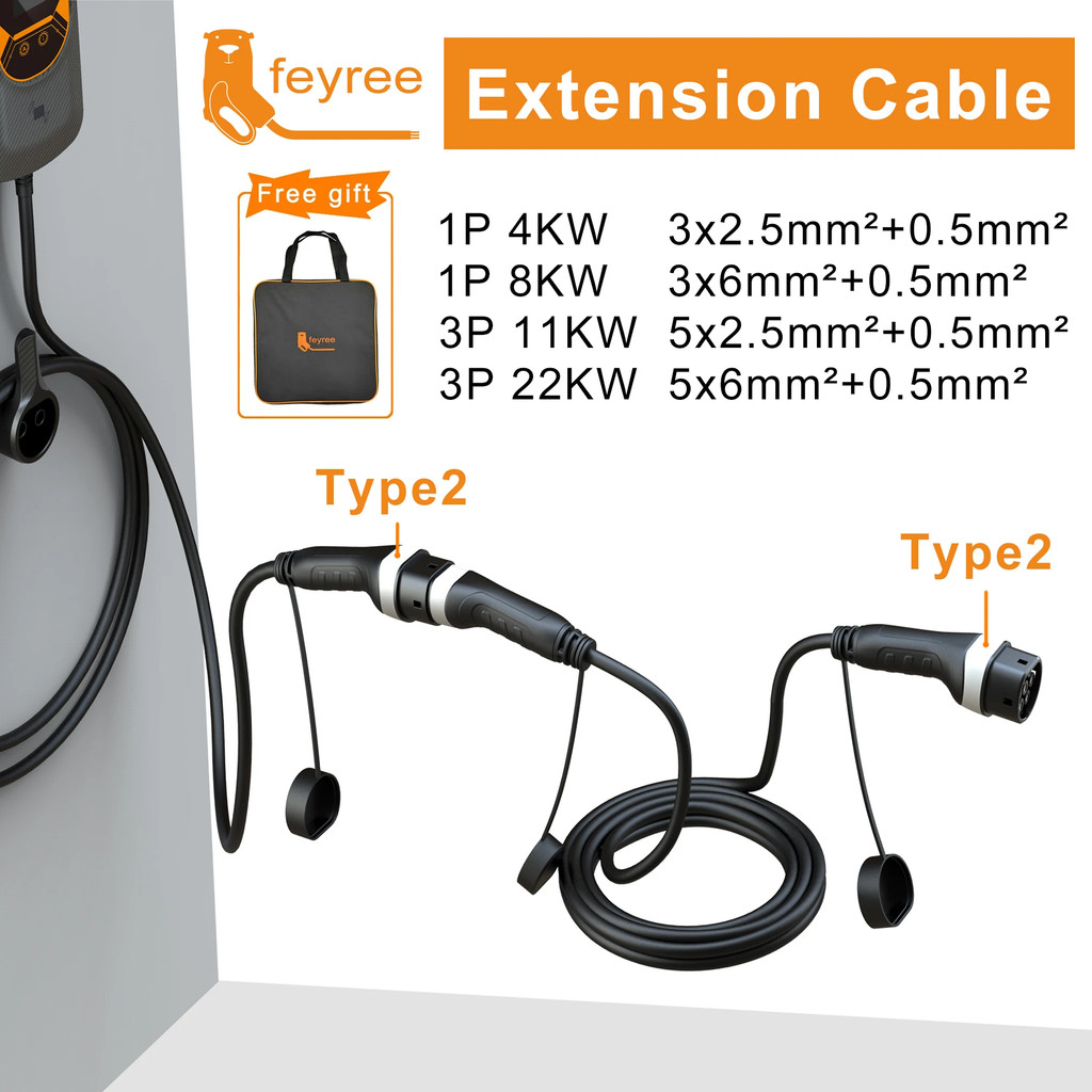 Feyree EV สายชาร์จ 16A/32A 4kW/8kW/11kW/22kW สายไฟรถยนต์ไฟฟ้า 5M ประเภท 2 EVSE สถานีชาร์จหญิงชายปลั๊