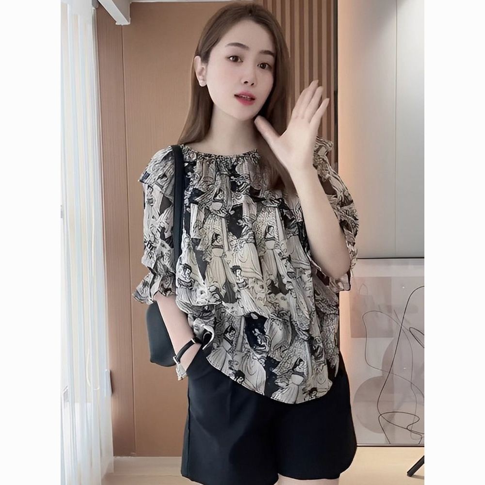 ฤดูร้อนใหม่สไตล์ชีฟองพิมพ์หลวมแขนสั้นนางฟ้าสุดสวมคนตัวเล็กสวมเสื้อผ้าผู้หญิงสไตล์บางอินเทรนด์