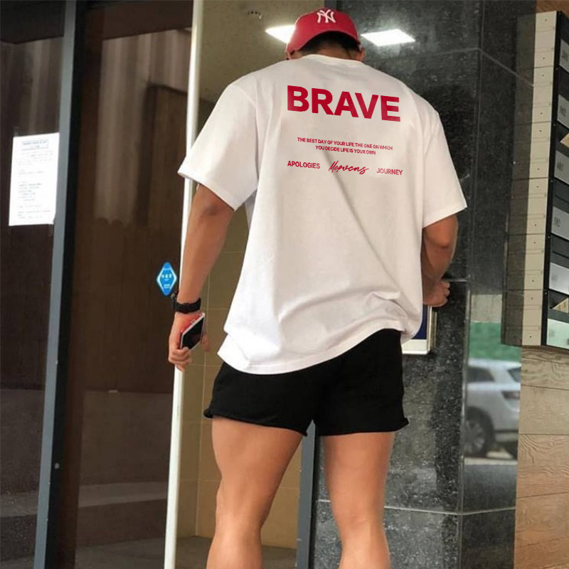 Mcpw เสื้อยืดออกกําลังกายฤดูร้อนผู้ชาย ins American Casual หลวม BRAVE พิมพ์การฝึกอบรมแขนสั้น 240601B-0220