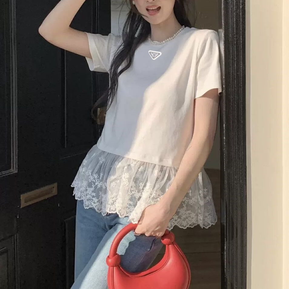 เสื้อยืดแขนสั้นลายปะผ้าลูกไม้ แบบหลวม สบายๆ