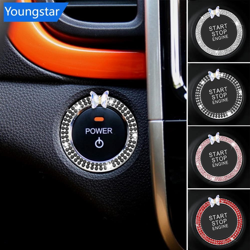 FYY คริสตัลรถ Onekey ปุ่มเริ่มต้นตกแต่งแหวนเพชร Rhinestone วงกลม Start Stop Switch แหวนอุปกรณ์ตกแต่งภายในรถยนต์