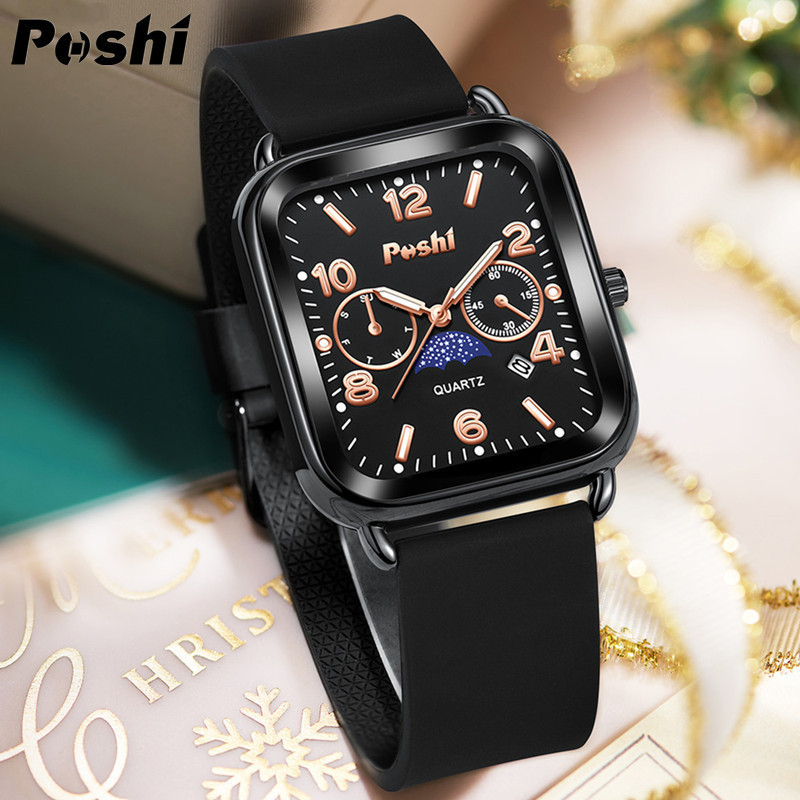 POSHI นาฬิกาผู้หญิงสีดําสีน้ําตาล Elegant Casual ธุรกิจเพชรนาฬิกาควอทซ์กันน้ํา PS962