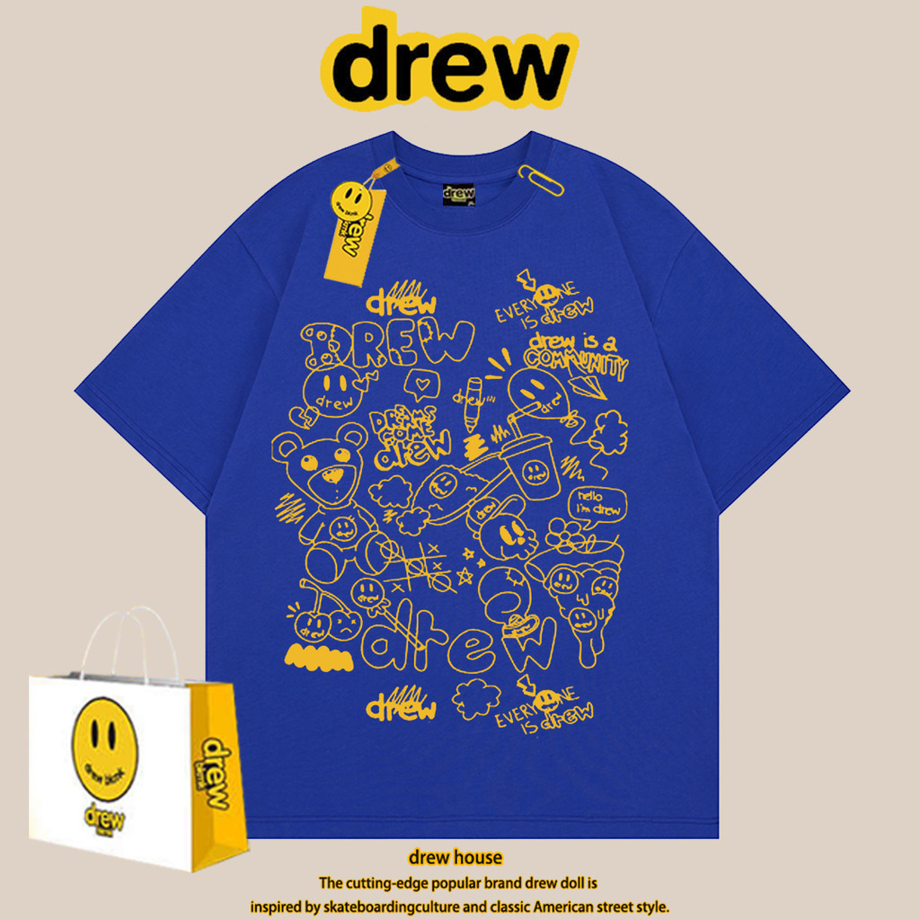 Drev เสื้อยืดแขนสั้นลําลอง พิมพ์ลายหน้ายิ้ม ทรงหลวม แฟชั่นคู่รัก สําหรับผู้ชาย และผู้หญิง