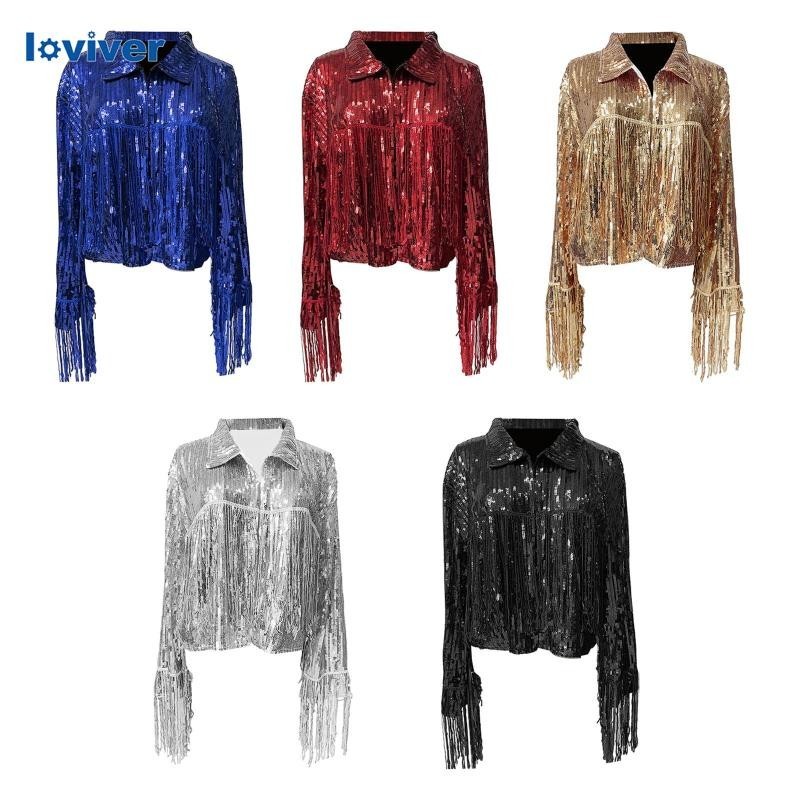 [Loviver] เสื้อแจ็กเก็ต คอปก แขนยาว ประดับเลื่อม ระบายอากาศ เปิดด้านหน้า แวววาว สําหรับผู้หญิง