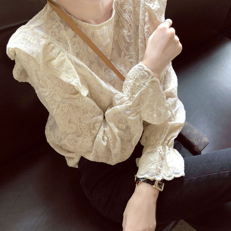 Xiao เสื้อเชิ้ตแขนยาว ผ้าลูกไม้ สไตล์ย้อนยุค แฟชั่นฤดูใบไม้ผลิ สําหรับผู้หญิง XWTP