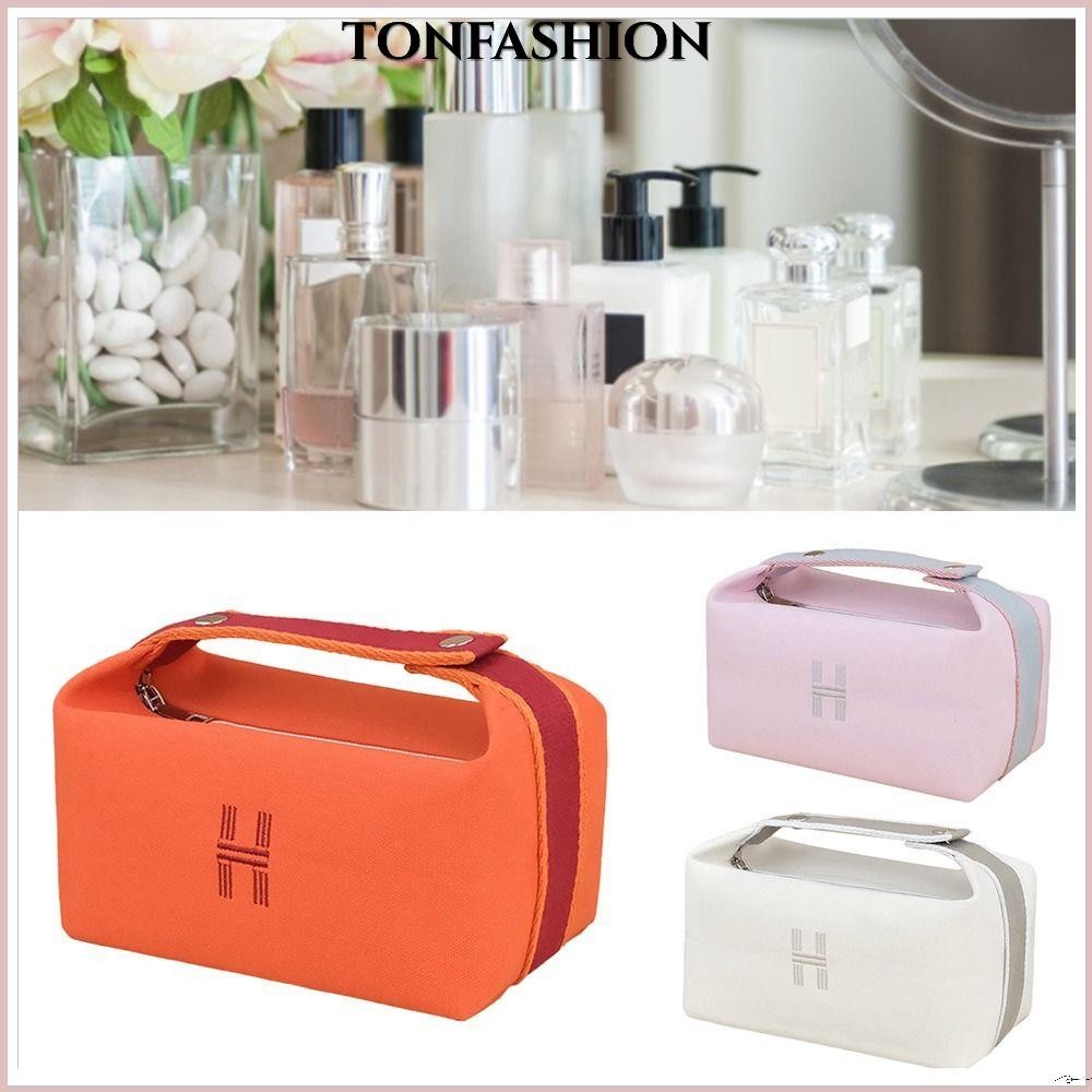 Tonfashion กระเป๋าเครื่องสําอาง ผ้าแคนวาส ความจุขนาดใหญ่ แบบพกพา เรียบง่าย