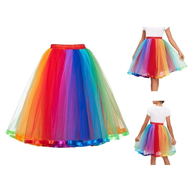 BLACK Women s Layered Pleated Tulle Skirt Rainbow Tutus Skirt Rainbow Midi Skirt