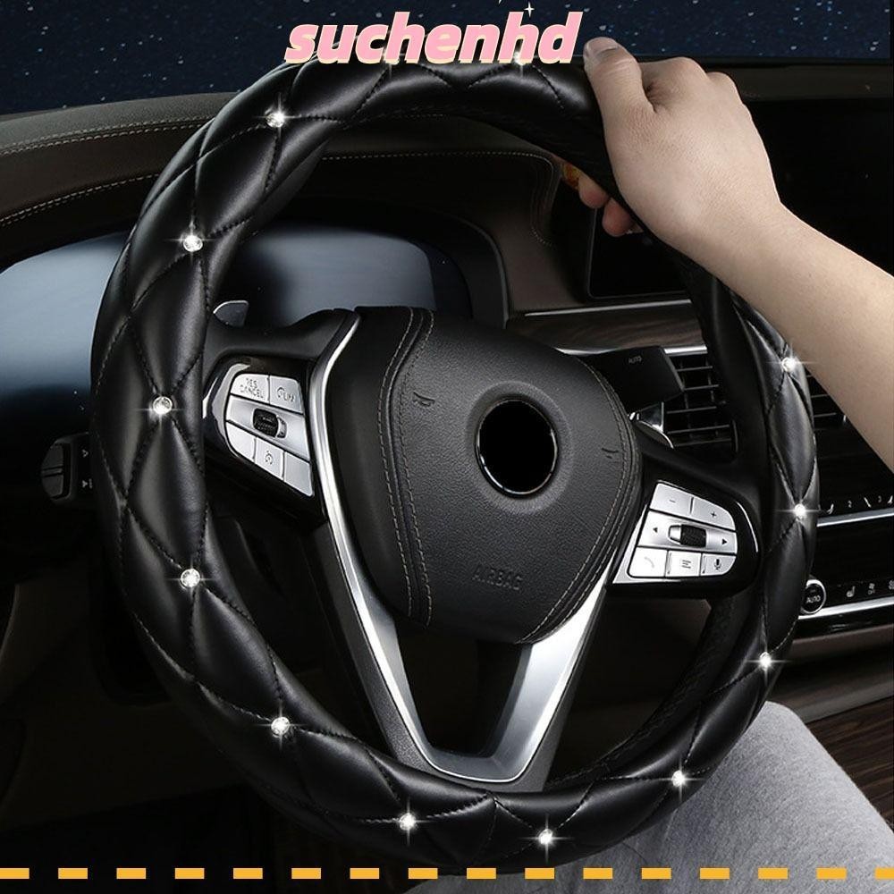 SUCHENHD ปลอกหุ้มพวงมาลัยรถยนต์ หนัง PU ประดับเพชร สีดํา-ชมพู นุ่ม มือจับสบาย สำหรับผู้หญิง แฟชั่น สากล