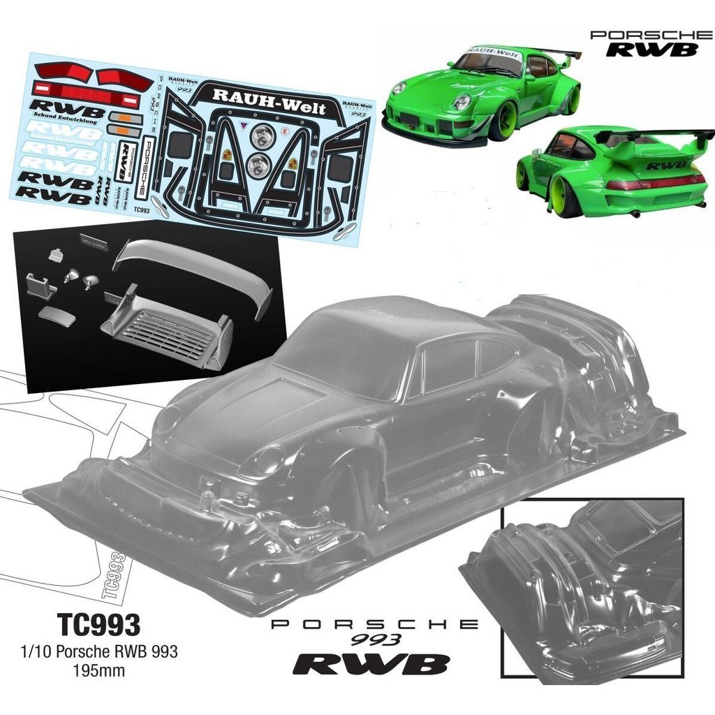 Tc993 1/10 Flat Sports Car Shell Porsche 993 Porsche RWB 195mm Wide Body Drift PC Car Shell