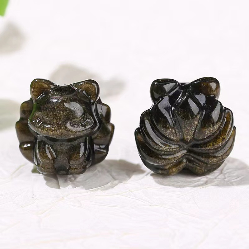 Obsidian อุปกรณ์เสริมสร้อยข้อมือ DIY ออบซิเดียนเงินธรรมชาติ จิ้งจอกเก้าหางรูปร่างสัตว์น่ารัก หินนำโชค