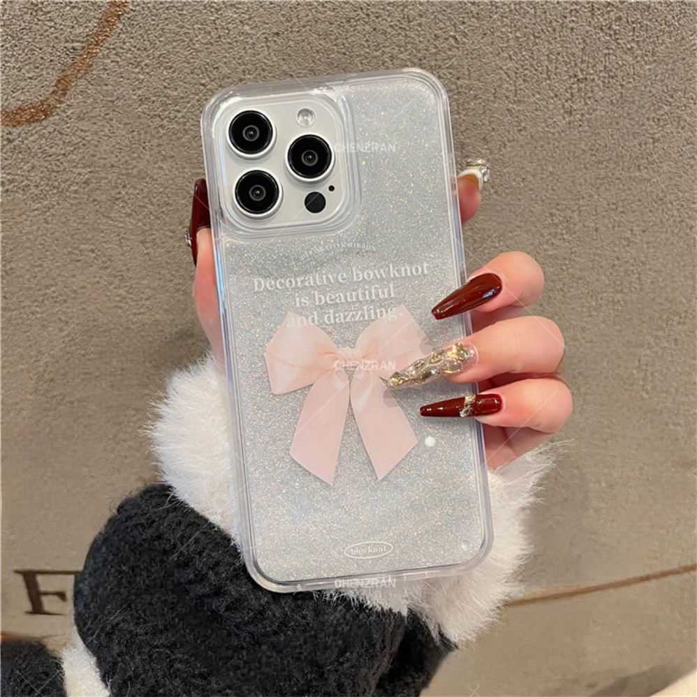 เคสโทรศัพท์มือถือแบบแข็ง ใส มีทรายไหล กันกระแทก กันรอยกล้อง แต่งโบว์ หรูหรา สําหรับ iPhone15 14 13 12 11 Pro Max 14 15 Plus