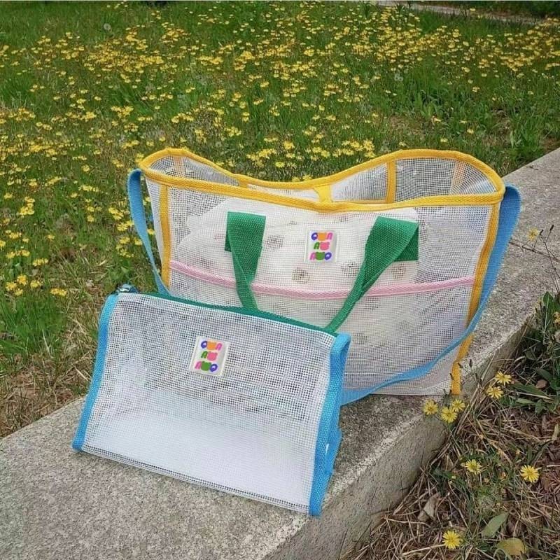 SENSES// Ins Contrast Color Beach Fresh Large Capacity Mesh Shoulder Portable Fitness Swimming Trip 