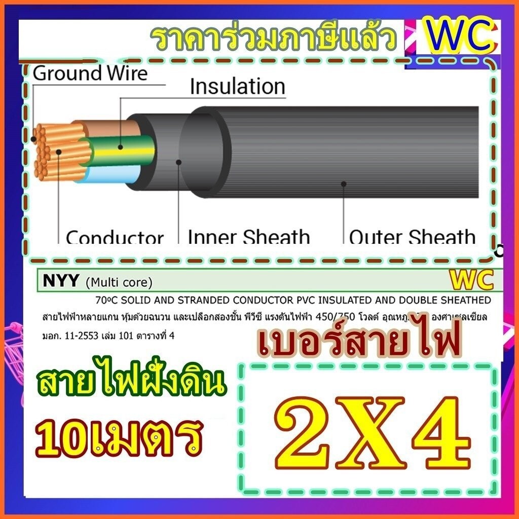 สายไฟฝั่งดิน NYY 2x4 สายไฟหุ้มฉนวนเอ็นวายวาย 10เมตร ฝังดินโดยตรง สายไฟกันน้ำ ร้อยท่อฝังผนังคอนกรีต ร