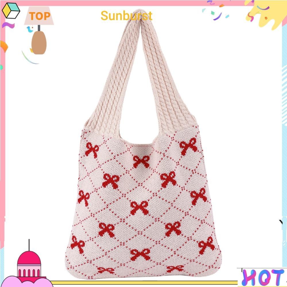 [Sunburst11.th] กระเป๋าถือ กระเป๋าช้อปปิ้ง ถักโครเชต์ พิมพ์ลายโบว์ สําหรับผู้หญิง [Sunburst11.th]