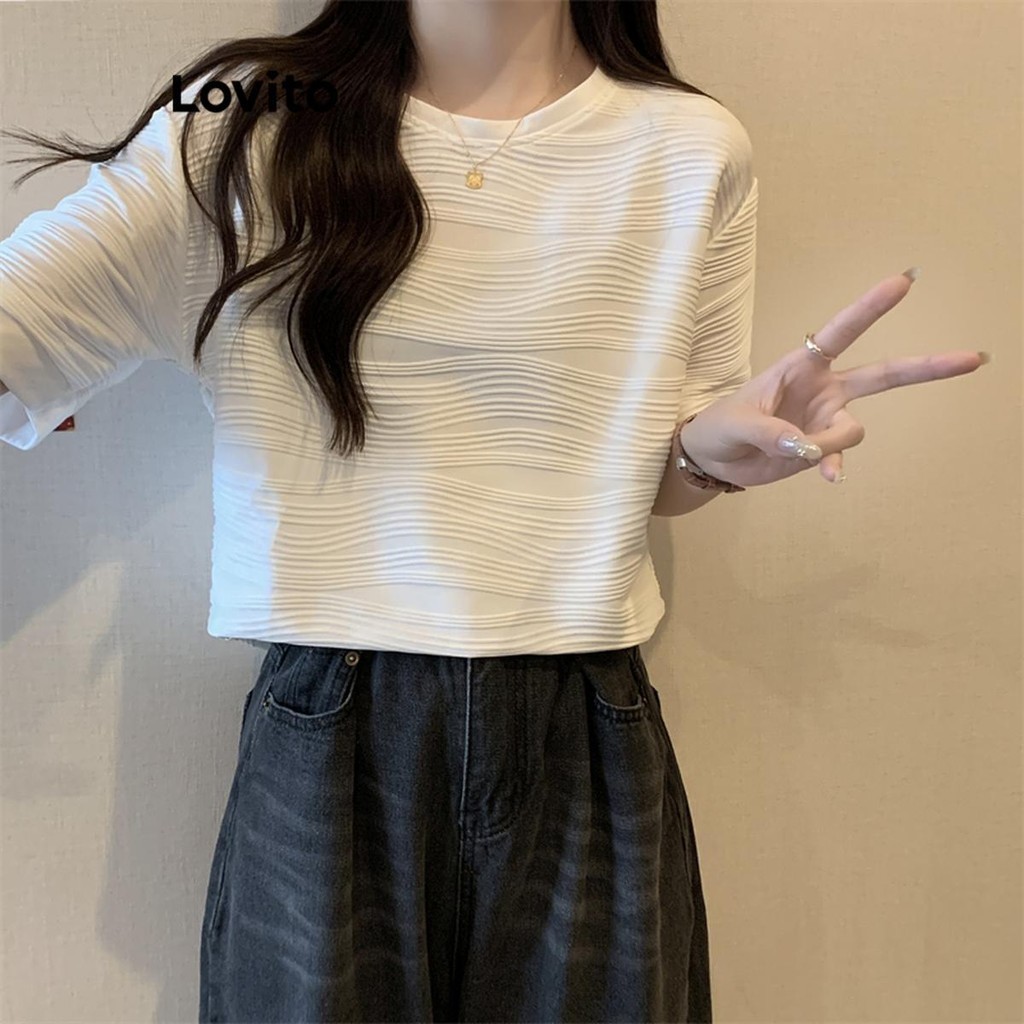 Lovito เสื้อยืดผู้หญิง ผ้าแจ็กการ์ด สีพื้น สไตล์ลำลอง LNE41114
