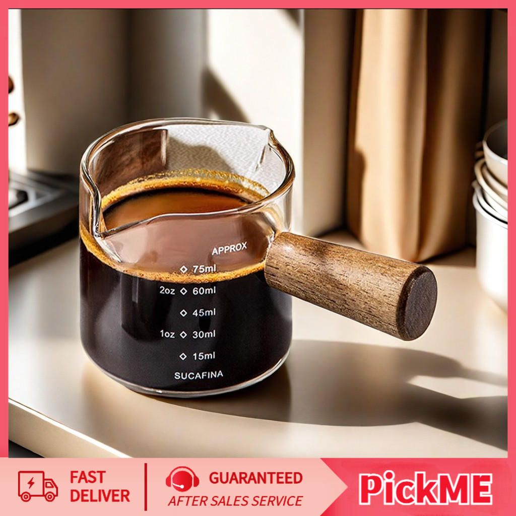 แก้วตวง กาแฟ ถ้วยตวงปากคู่ ด้ามจับไม้ พร้อมสเกล โปร่งใส ทนความร้อนสูง กาแฟ ด้าม ไม้
