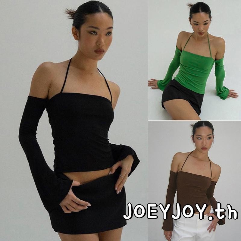 Joeyjoy-เสื้อกล้ามเปิดไหล่สําหรับผู้หญิงสีทึบแขนยาวเปลือยแสดงเสื้อกั๊กสะดือstreetwear