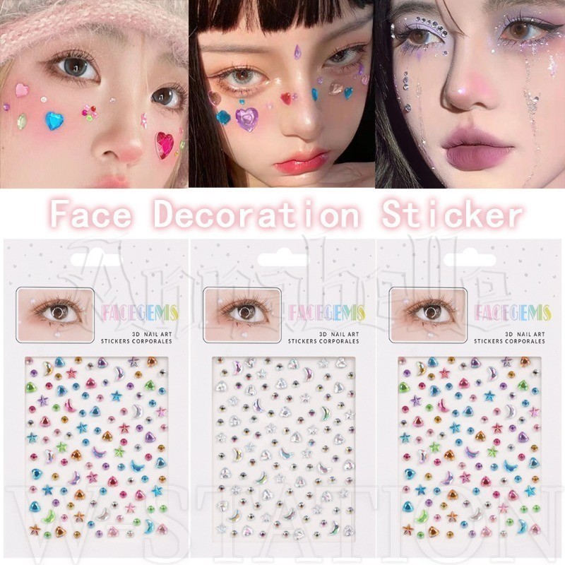[ขายดี] สติกเกอร์เพชร 3D แวววาว สําหรับตกแต่งใบหน้า ​- เครื่องประดับ อัญมณีสักชั่วคราว ​- รูปดาว ดวงจันทร์ หัวใจ สีสันสดใส ​- สําหรับร่างกายใบหน้าคิ้ว ​- อุปกรณ์แต่งหน้า สําหรับงานเทศกาล ปาร์ตี้