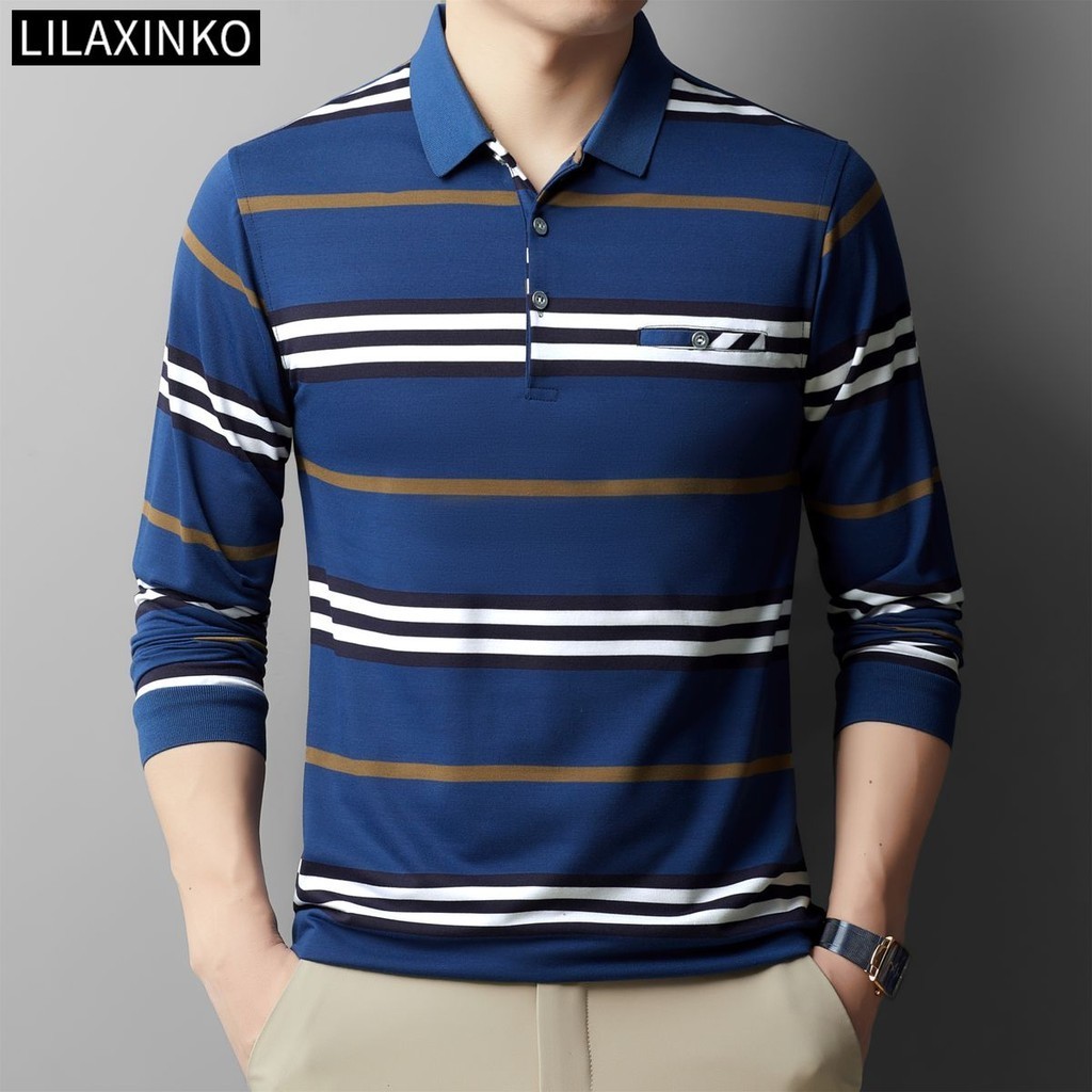 เสื้อโปโลแขนยาวลําลอง ผ้าฝ้าย ลายทาง มีกระเป๋า สไตล์คลาสสิก สําหรับผู้ชาย