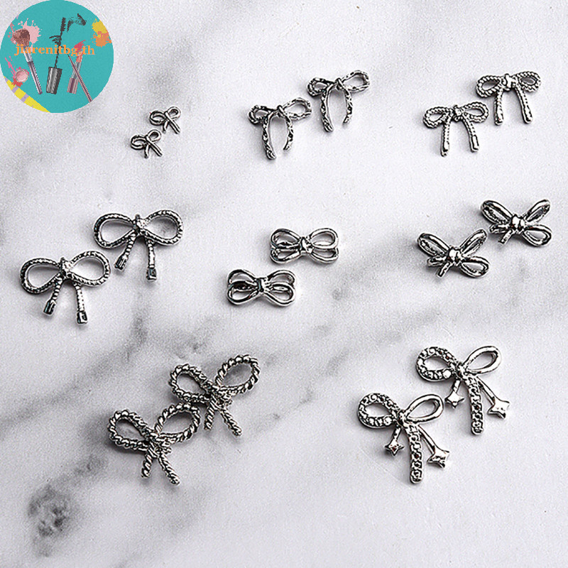 Renbg ริบบิ้นโบว์ โลหะผสมเงิน สไตล์เรโทร สําหรับตกแต่งเล็บ DIY 10 ชิ้น
