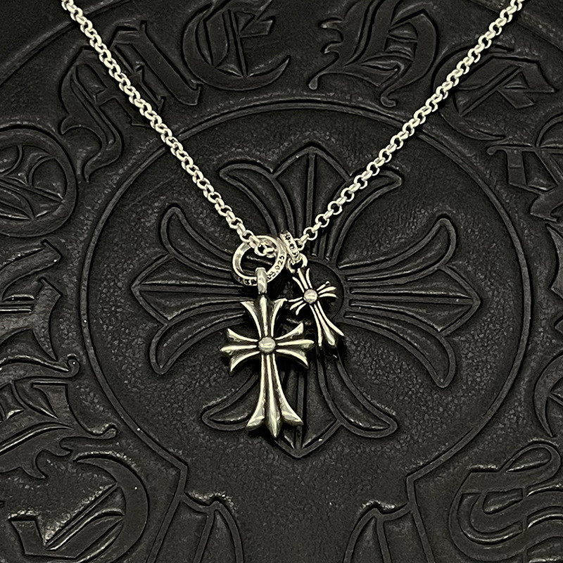 สร้อยคอเงิน 925 จี้ไม้กางเขนคู่ สไตล์พังก์ย้อนยุค เครื่องประดับงานรื่นเริง ปาร์ตี้ CX002