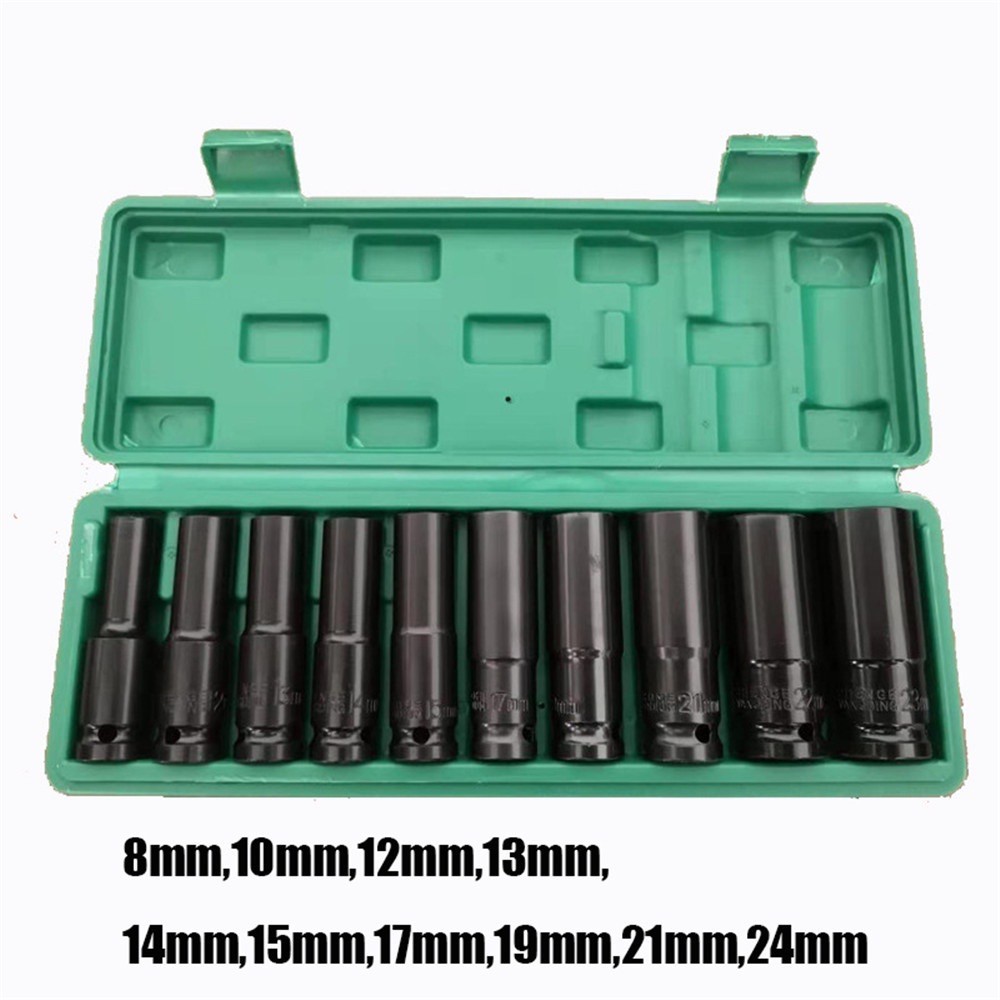 ชุดลูกบล็อกยาว ชุดบล็อก ชุด10ชิ้น บล็อกดำ ชุดประแจไฟฟ้า 1/2" เบอร์ 8-10-12-13-14-16-17-19-22-24 เตรียมจัดส่ง