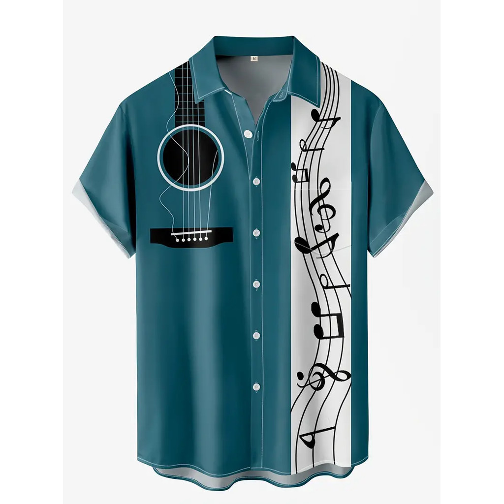 เสื้อเชิ้ต แขนสั้น พิมพ์ลายสัญลักษณ์เพลง ฮาวาย ฤดูร้อน ใส่สบาย พลัสไซซ์ แฟชั่นสําหรับผู้ชาย 2024