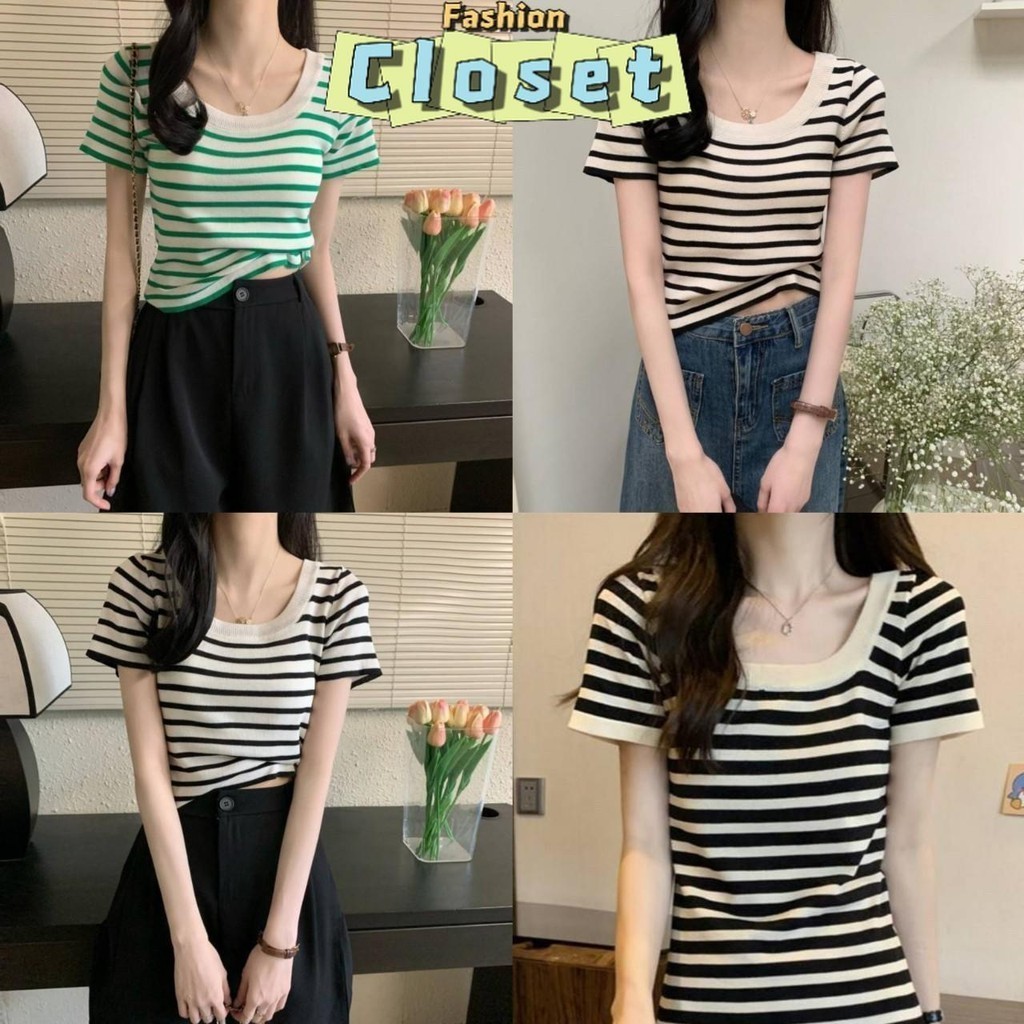 Cilset🛒พร้อมส่ง🎀เสื้อยืดแฟชั่นผู้หญิง คอกลม เสื้อไหมพรมแขนสั้น ดีเทลลายทางคิ้วๆ แมทช์ง่ายสุดๆ/88618