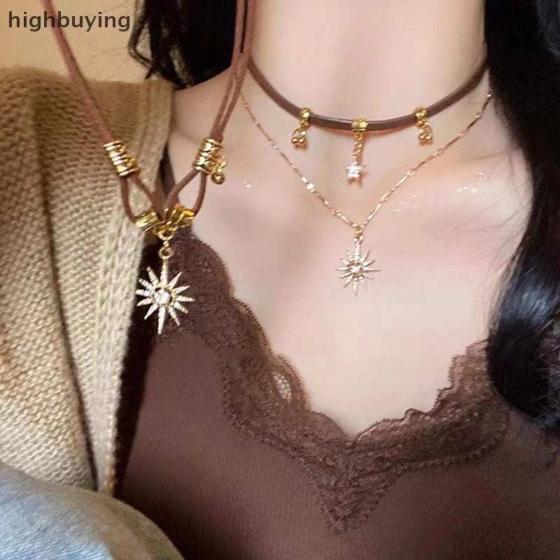[ซื้อสูง] แฟชั่นผู้หญิงวินเทจหนังเค้นคอสร้อยคอสองชั้นดาวจี้เครื่องประดับปรับโซ่หุ้นใหม่