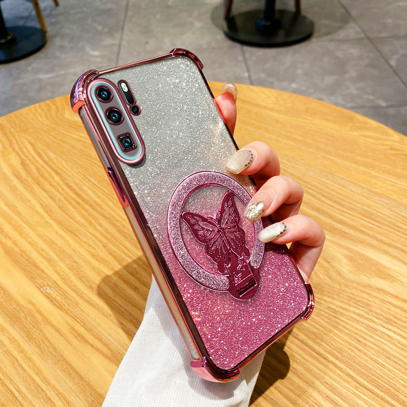 ปลอกสําหรับ Huawei P30 P40 P50 P60 Pro Circular Shiny Butterfly Stand Bracket Anti Fall Glitter Powder โทรศัพท์ป้องกันกรณี