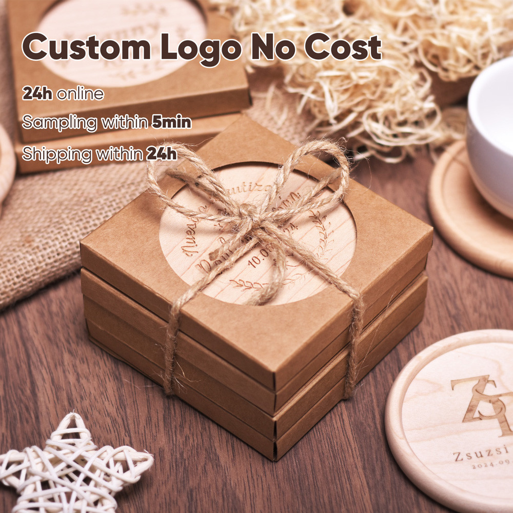 ที่กําหนดเองพร้อมกล่องกระดาษ ไม้เนื้อแข็ง Coaster Beech Rosewood วอลนัทรอบไม้ Groove Coaster ความร้อนทนชากาแฟ Coaster Placemat