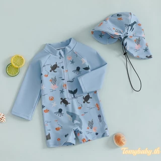 Tomybaby-ชุดว่ายน้ำเด็กชายแขนยาวลายสัตว์ทะเลลำลองพร้อมซิป + หมวก