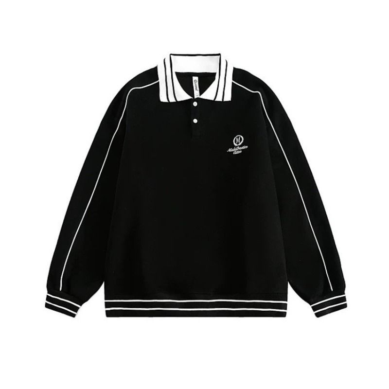SUIKONE ซุยโคเนะ เสื้อสเวตเตอร์ปกย้อนยุคอเมริกันฤดูใบไม้ผลิผู้ชายและผู้หญิงหลวมแขนยาวปักเสื้อสเวต — صورة 5