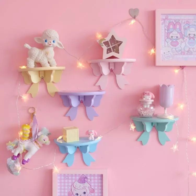 Seller Selection#Cropped Sweet Pink Bowknot Wooden Storage Rack Wall Hanging Decoration-Type Storage Rack Japanese Style Soft Girl Room Decoration Display Rack1.26N