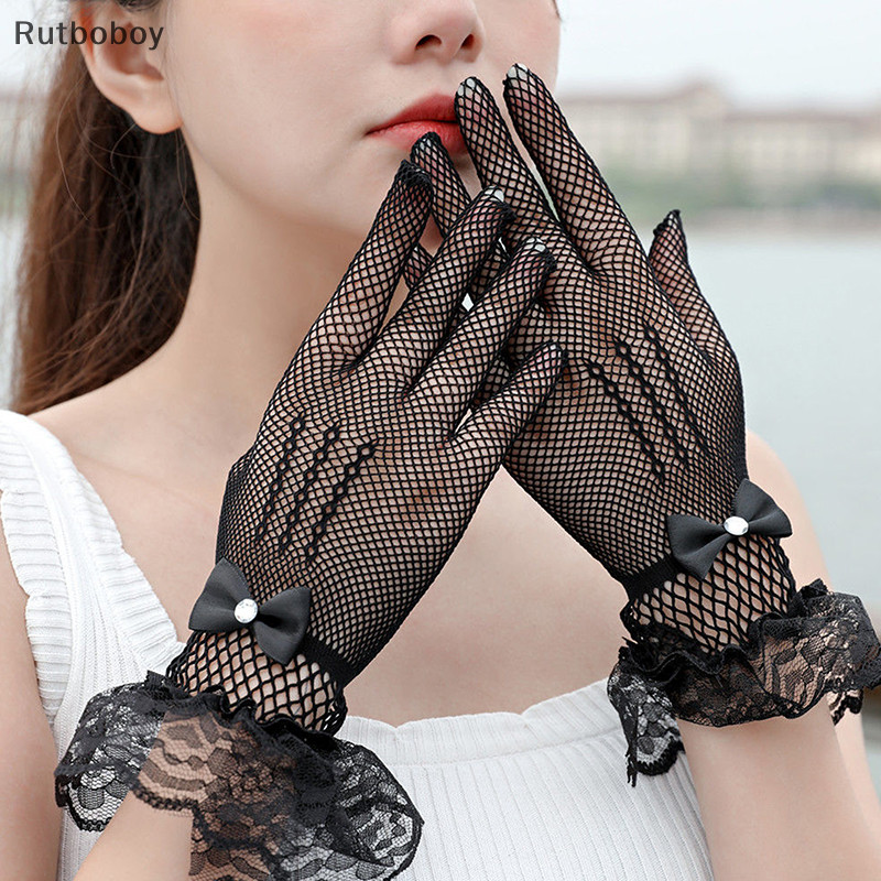 [Rut] ถุงมือ ผ้าตาข่าย ยืดหยุ่น แบบนิ่ม ลายลูกไม้ สีดํา สีขาว สไตล์โกธิคพังก์ เซ็กซี่ สําหรับผู้หญิง