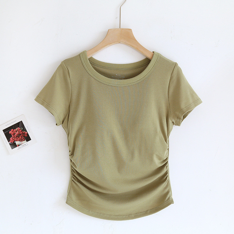 เสื้อครอปท็อป คอกลม แขนสั้น เสริมฟองน้ํา พรีเมี่ยม สําหรับผู้หญิง