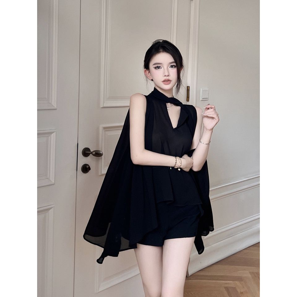 เสื้อเชิ้ตแขนกุด คอวี ผ้าชีฟอง ประดับริบบิ้น สีดํา แฟชั่นฤดูใบไม้ผลิ สไตล์ฝรั่งเศส สําหรับผู้หญิง