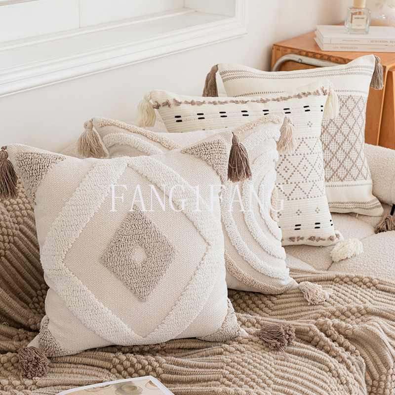 ปลอกหมอนอิง ทรงสี่เหลี่ยม ปักลายพู่ สีดํา สีเบจ สีขาว สไตล์โบโฮ สําหรับตกแต่งบ้าน - รูปที่ 2