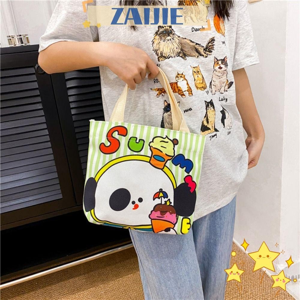Zaijie24 กระเป๋าถือ กระเป๋าสะพายไหล่ ผ้าแคนวาส ลายการ์ตูนแมว ดอกไม้น่ารัก เหมาะกับการพกพาเดินทาง ช้อปปิ้ง 2024