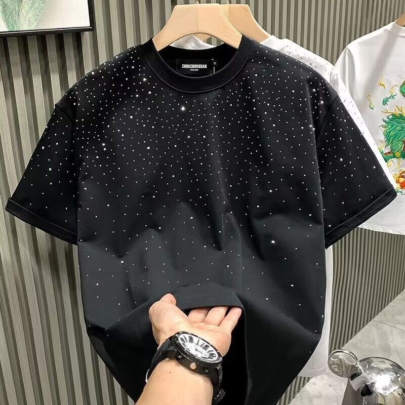 Street Wear All-Match แฟชั ่ นอินเทรนด ์ รอบคอแขนสั ้ นเสื ้ อยืดผู ้ ชาย Gypsophila Hot Diamond Slim @-