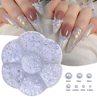 ชุดกล่องไข่มุก AB ครึ่งวงกลม 7 ช่อง สีเงิน สีทอง หลายขนาด สําหรับตกแต่งเล็บ DIY