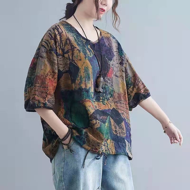 เสื้อยืดแขนสั้น คอวี ผ้าฝ้าย และผ้าลินิน พิมพ์ลายศิลปะ ขนาดใหญ่ แฟชั่นฤดูร้อน สําหรับผู้หญิงวัยกลางคน และผู้สูงอายุ 2024