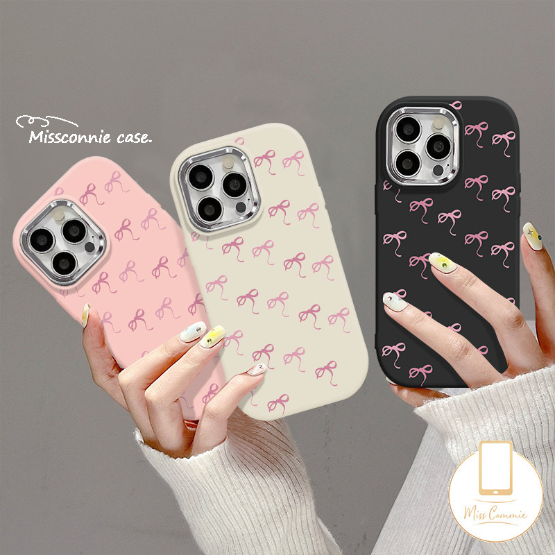 หวานน่ารักสาวสีชมพูbowknot MacaronสําหรับIphone 11 16 14 15 13 12 Pro Max 7Plus XR XS X Max 8 16 7 Plus SE 2020 Luxury Candyสีชุบโลหะเลนส์ปกอ่อน