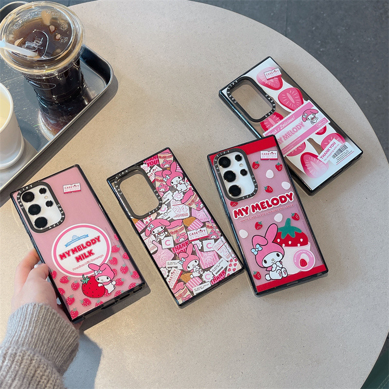 Casetify【strawberry Melody】เคสโทรศัพท์มือถืออะคริลิคใส กันกระแทก ลายสตรอเบอร์รี่ สีดํา สําหรับ Samsung Galaxy S24 Ultra S22 S23 Ultra S23 Plus