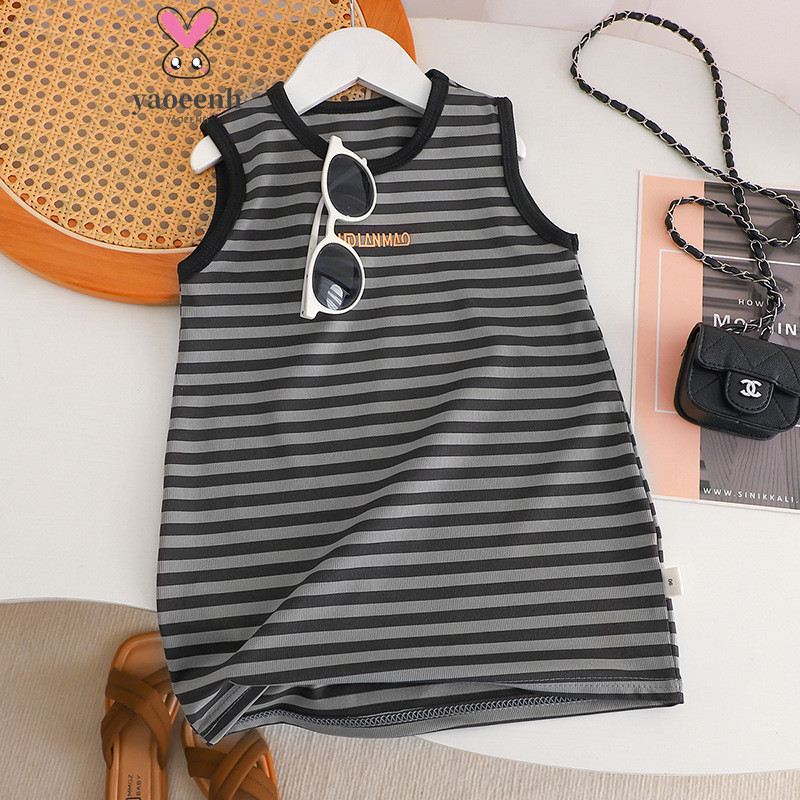 【YAOEENH】80-130 ซม. ฤดูร้อน เด็กผู้หญิง ลายทาง เสื้อกั๊ก กระโปรง กลาง เล็ก เจ้าหญิง แขนกุด เวอร์ชั่นเกาหลี แฟชั่น ชุดนอนลําลอง พร้อมส่ง