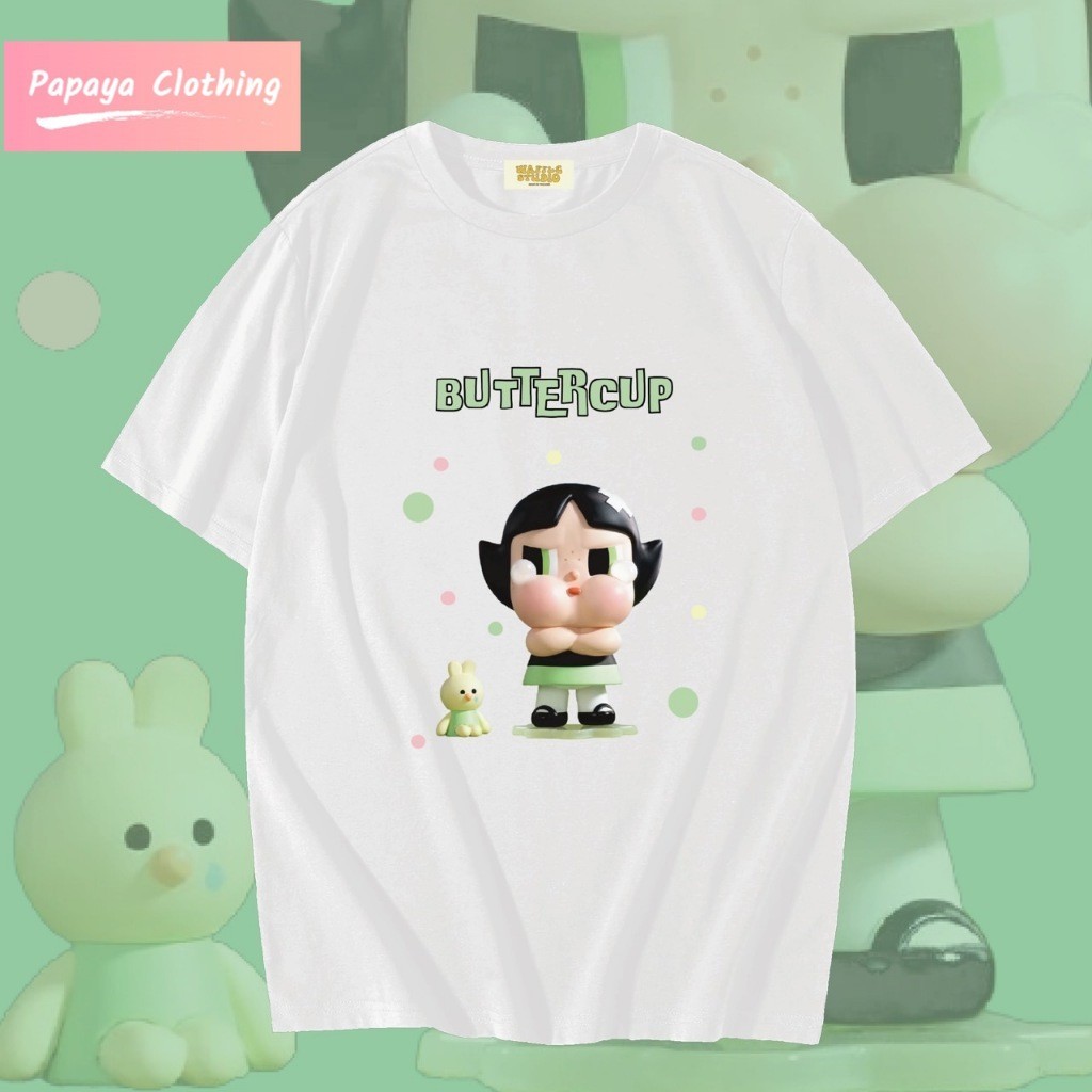 Papaya เสื้อยืดโอเวอร์ไซส์ เสื้อยืดเกาหลี ผ้าคอตตอน100% เสื้อยืด Crybaby Powerpuff Pop Mart 0144