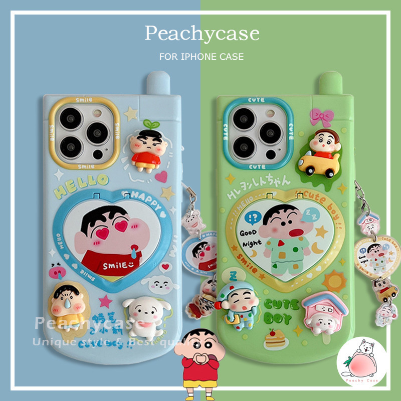 เคสโทรศัพท์มือถือ TPU กันกระแทก ลายการ์ตูนชินจังน่ารัก 3D พร้อมสายคล้อง และกระจกแต่งหน้า สําหรับ iPhone 15 14 13 12 Pro Max 11 15promax