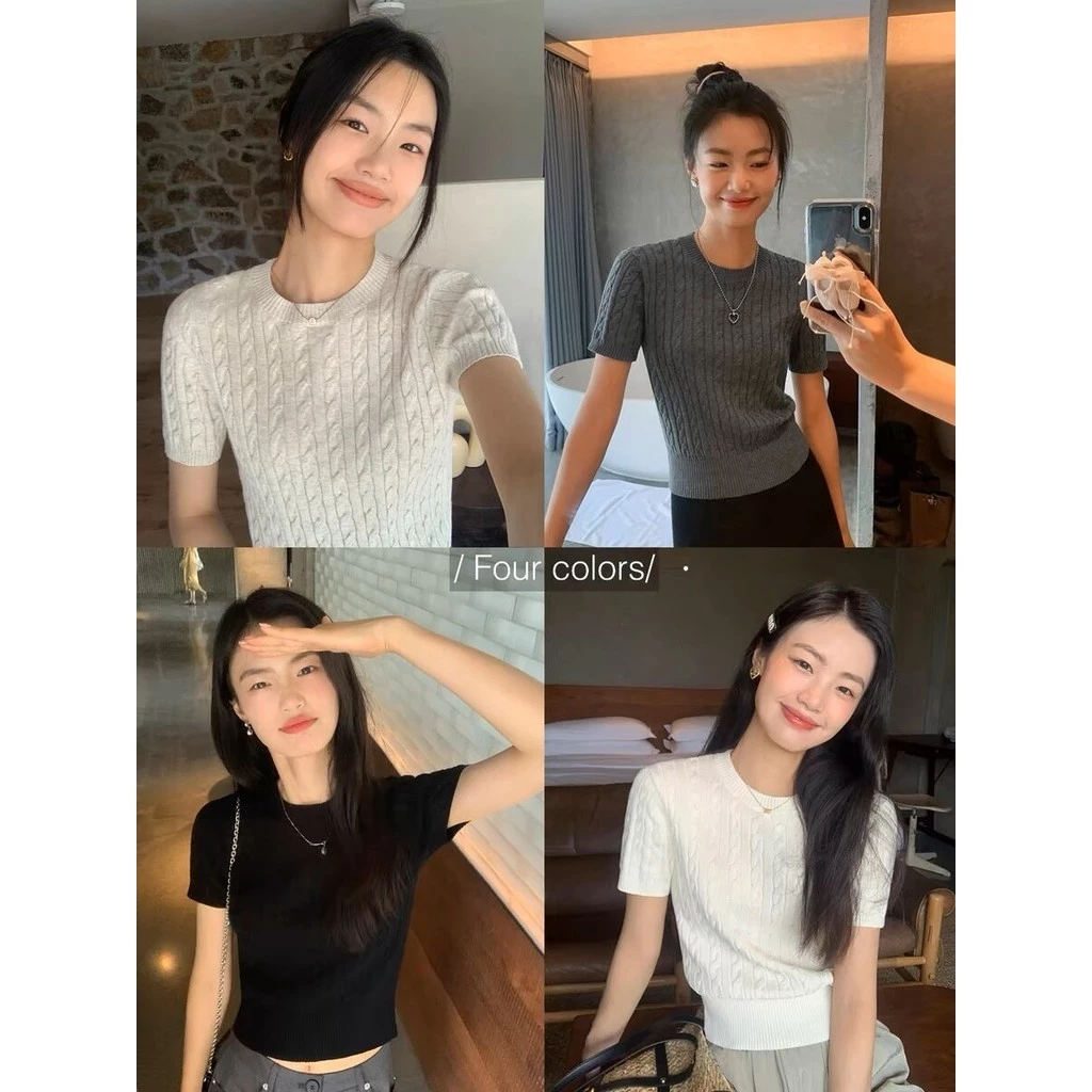 GAKKI เสื้อสเวตเตอร์แขนสั้น เสื้อยืดผู้หญิงแฟชั่น คอกลม 1971#